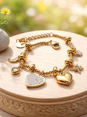 New Waterproof 18K Gold Plated Heart Celestial Charm Bracelet 6 1/2" - 7.9"